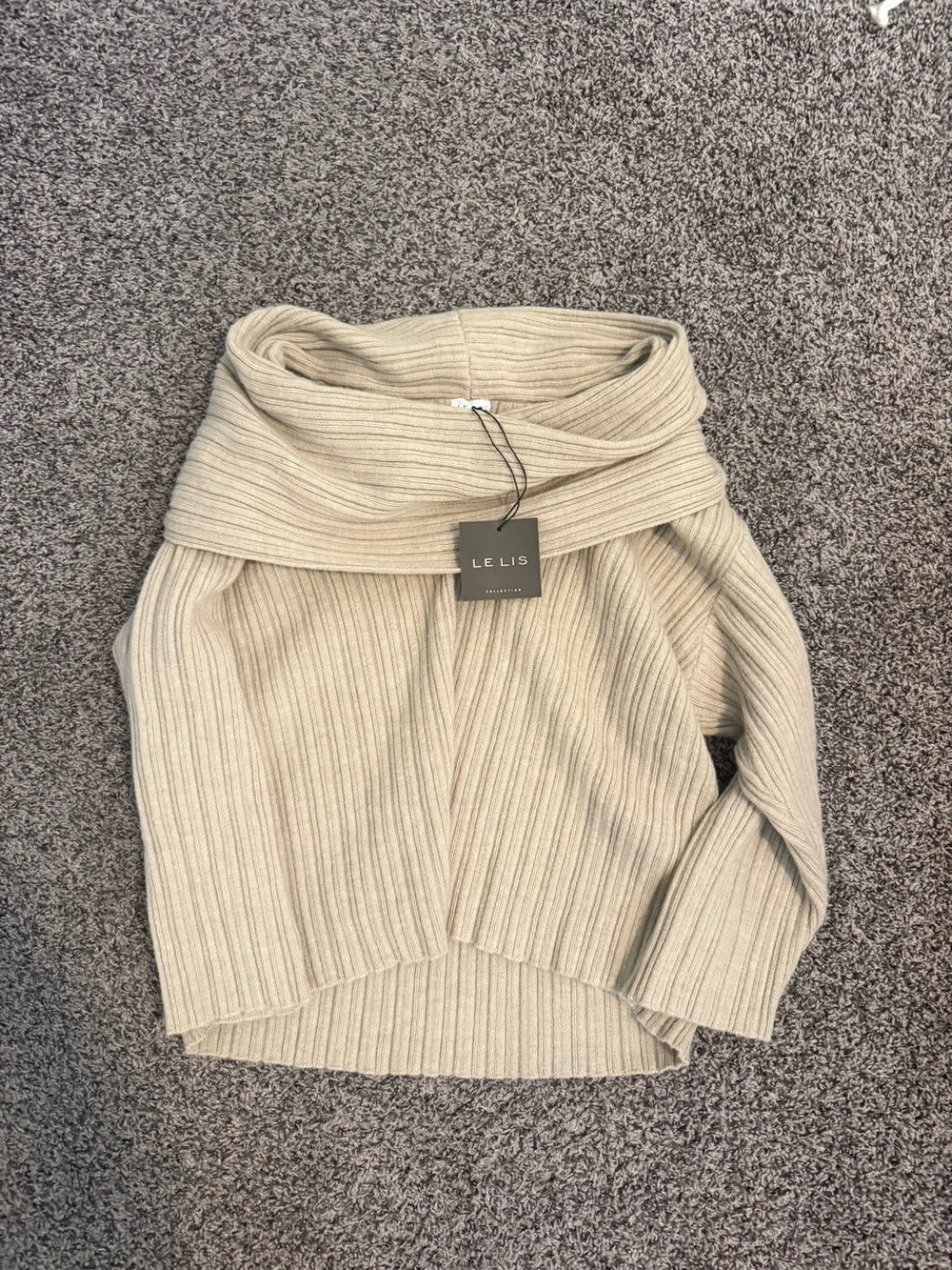 Le Lis Beige Ribbed Off-Shoulder Cowl Sweater